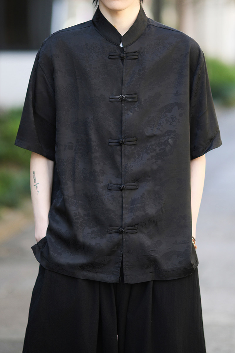 夏季薄款大码男士风唐装手工盘扣短袖衬衫A100-237-P65,男装民族服装,电商A100