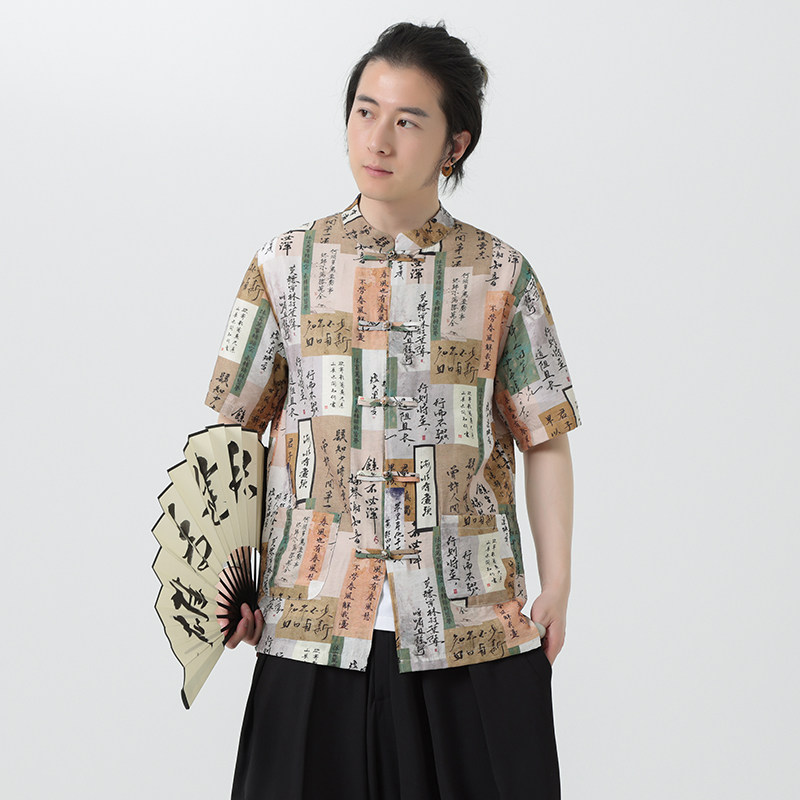 风夏季盘扣休闲短袖花衬衫潮流宽松青年衬衣A100-257-P55,男装衬衫,电商A100