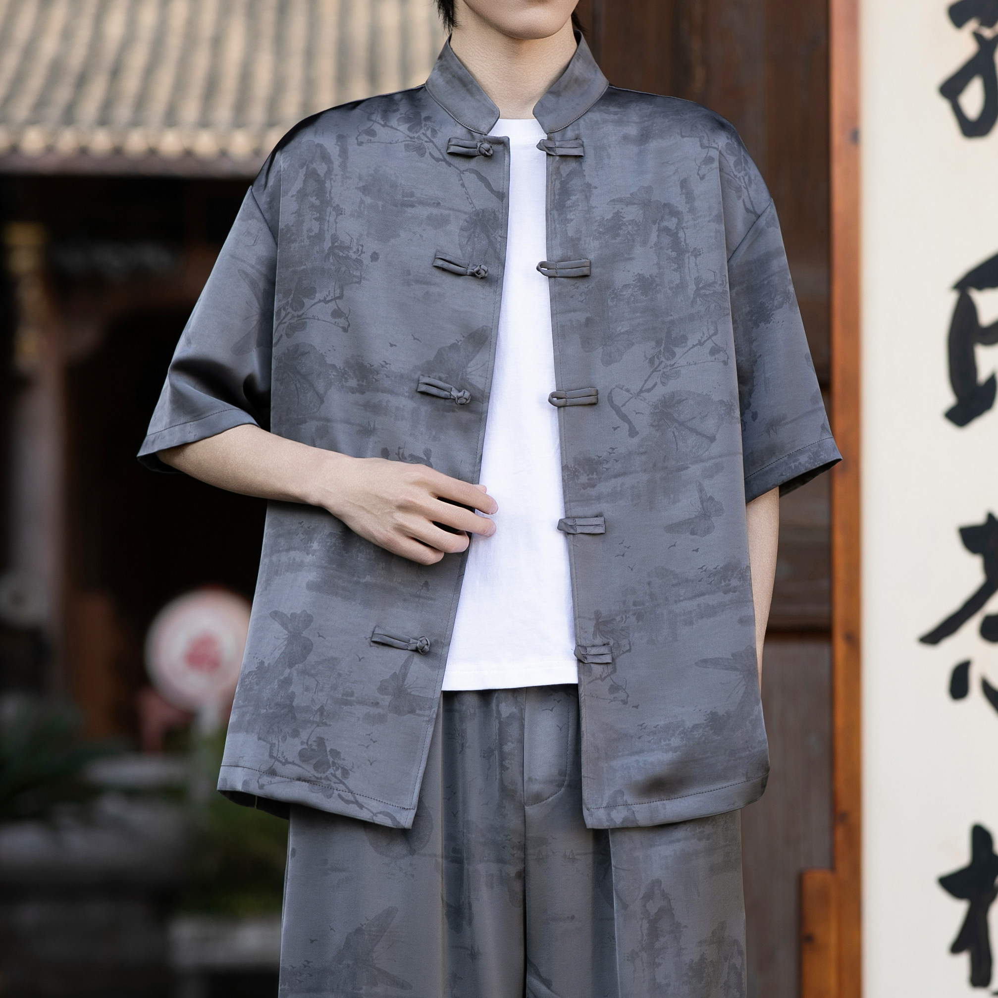 风唐装新中式短袖盘扣衬衫A100-2811-P65，男装T恤，电商A100