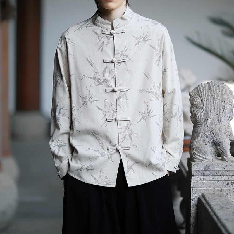 亚麻风新中式男式衬衫长袖印花竹子电商A100-M111-P85,男装衬衫,电商A100