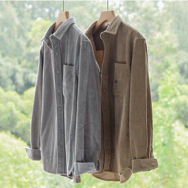 日系复古灯芯绒长袖衬衫男秋冬新款宽松休闲百搭条绒衬衣外套潮女