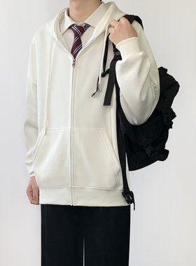 木村叔dk日系白色连帽卫衣男生学院风纯色休闲拉链春秋季外穿外套