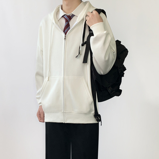木村叔dk日系白色连帽卫衣男生学院风纯色休闲拉链春秋季外穿外套