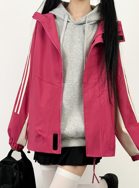 木村叔dk日系红色连帽冲锋衣女生JK休闲户外旅行时尚情侣款外套