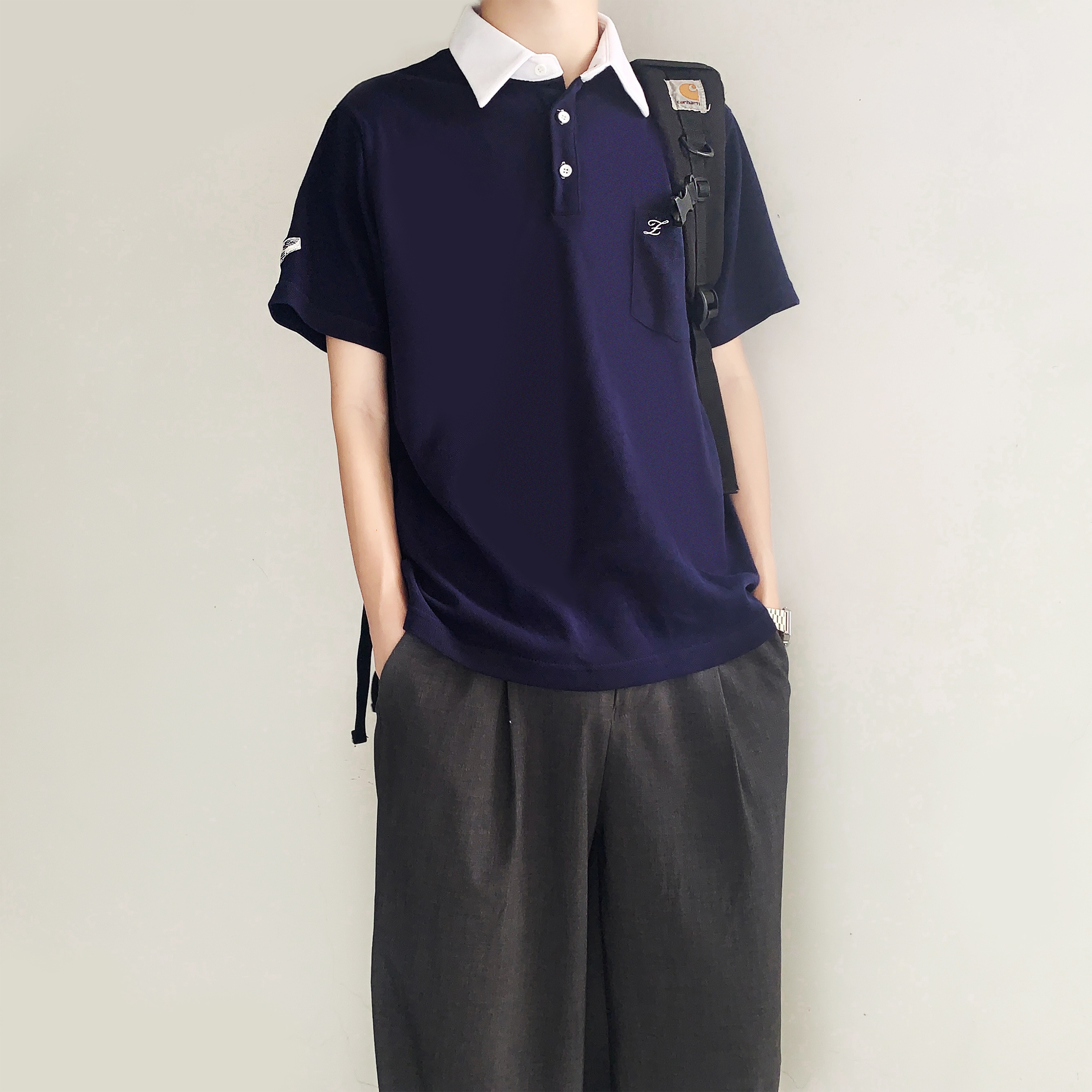 木村叔原创刺绣免烫佐城大POLO杉男生短袖拼色纯棉夏季日系制服