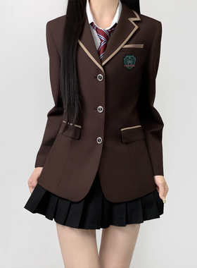 木村叔jk日系原创刺绣棕色西服外套女春秋季全包边条纹女学生西装