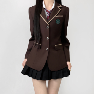 木村叔jk日系原创刺绣棕色西服外套女春秋季 全包边条纹女学生西装