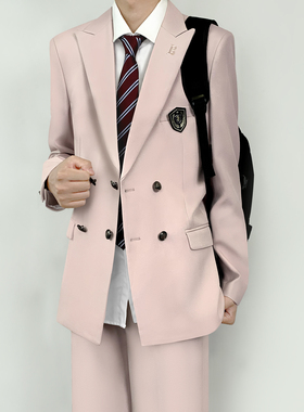 木村叔dk日系原创刺绣浅粉色西服外套男春秋季学院风西服制服套装