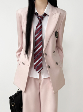 木村叔jk制服浅粉色西服女生外套日系原创双排六粒扣西装西裤套装