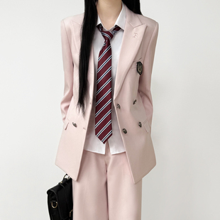 木村叔jk制服浅粉色西服女生外套日系原创双排六粒扣西装西裤套装