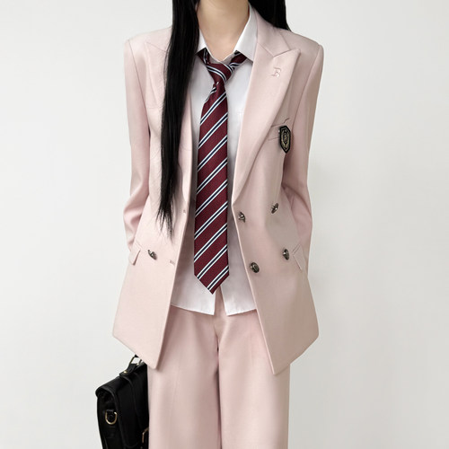 木村叔jk制服浅粉色西服女生外套日系原创双排六粒扣西装西裤套装