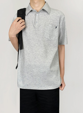 木村叔dk日系基础款灰色短袖POLO衫男秋季学院风原创刺绣上衣制服