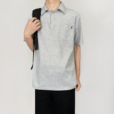 木村叔dk日系基础款灰色短袖POLO衫男秋季学院风原创刺绣上衣制服