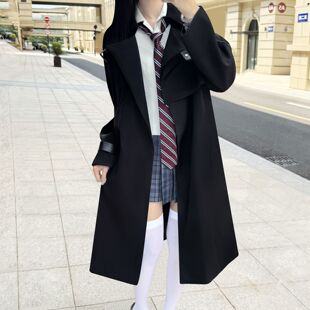 木村叔jk制服黑色风衣长款外套女秋冬季学院风百搭垂感女学生大衣