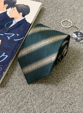 木村叔dK日系手打领带男生学院风深绿色领带米色粗条纹衬衫小物