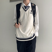 木村叔dk原创V领背心刺绣纯棉针织无袖 毛衣马甲春秋薄款 学生制服