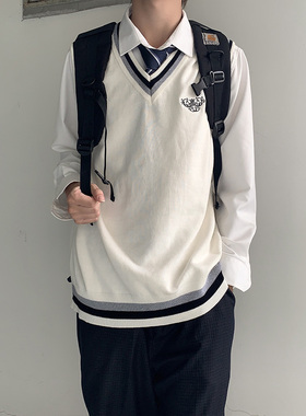 木村叔dk原创V领背心刺绣纯棉针织无袖毛衣马甲春秋薄款学生制服