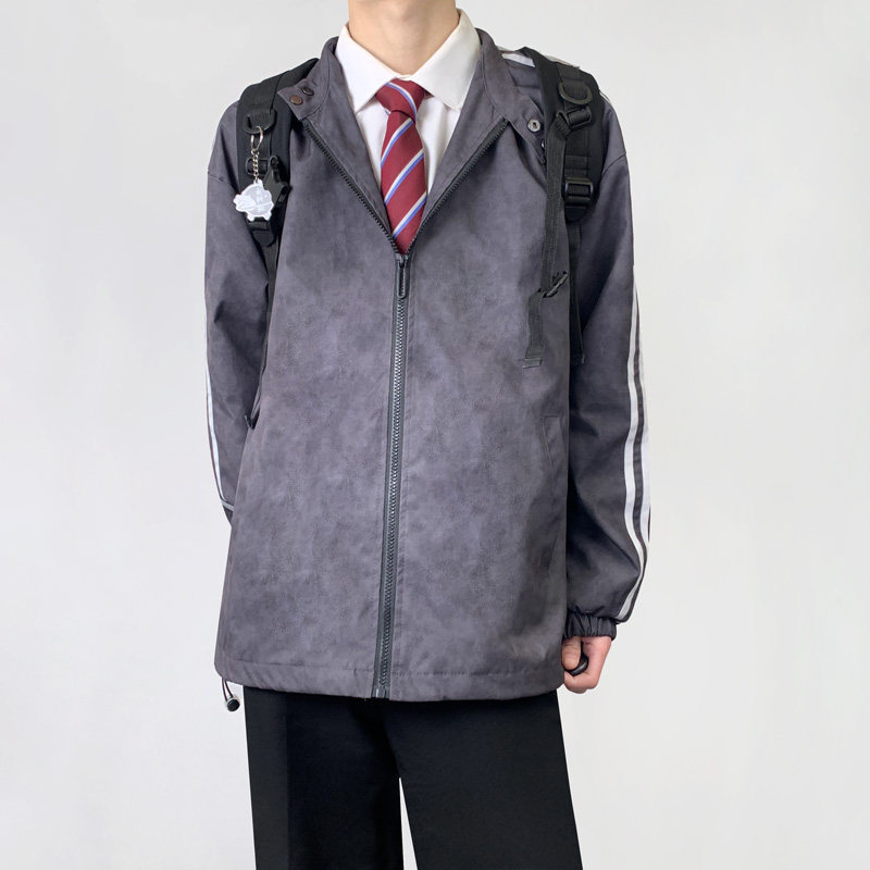 木村叔dk日系复古双杠立领夹克男春秋季青少年拉链款条纹上衣外套