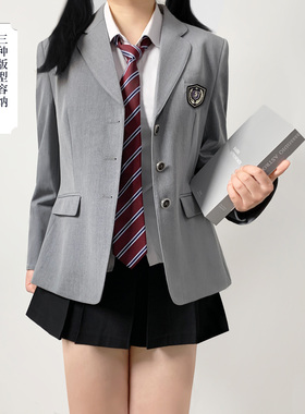 木村叔jk制服灰色西服外套女春秋季学院风原创宽松版微胖女生制服