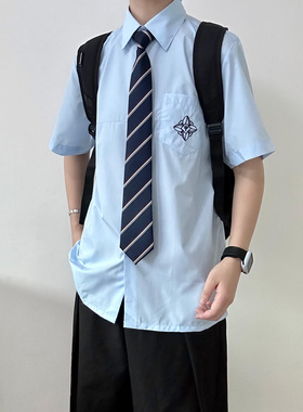 木村叔dk日系原创刺绣短袖衬衫男春秋季新款水色青少年蓝色衬衣服