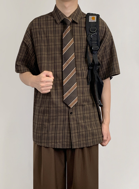木村叔dk日系复古格子短袖衬衫男士春秋季休闲学生西服内搭衬衣