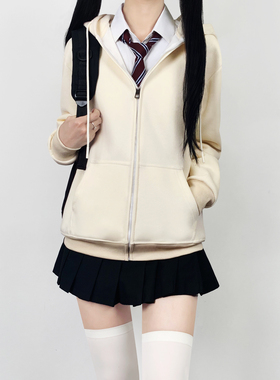 木村叔jk制服杏色连帽卫衣外套女秋冬季女学生户外运动拉链款上衣