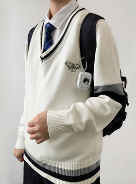 木村叔dk原创v领加厚衫男毛衣春秋季青少年中学生日系制服保暖衫