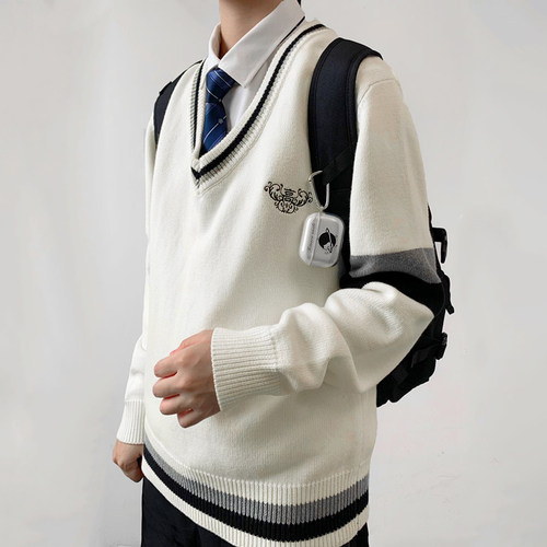 木村叔dk原创v领加厚衫男毛衣春秋季青少年中学生日系制服保暖衫