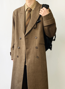 木村叔dk日系复古棕色双排扣西服呢子大衣男生学院风长款格子外套