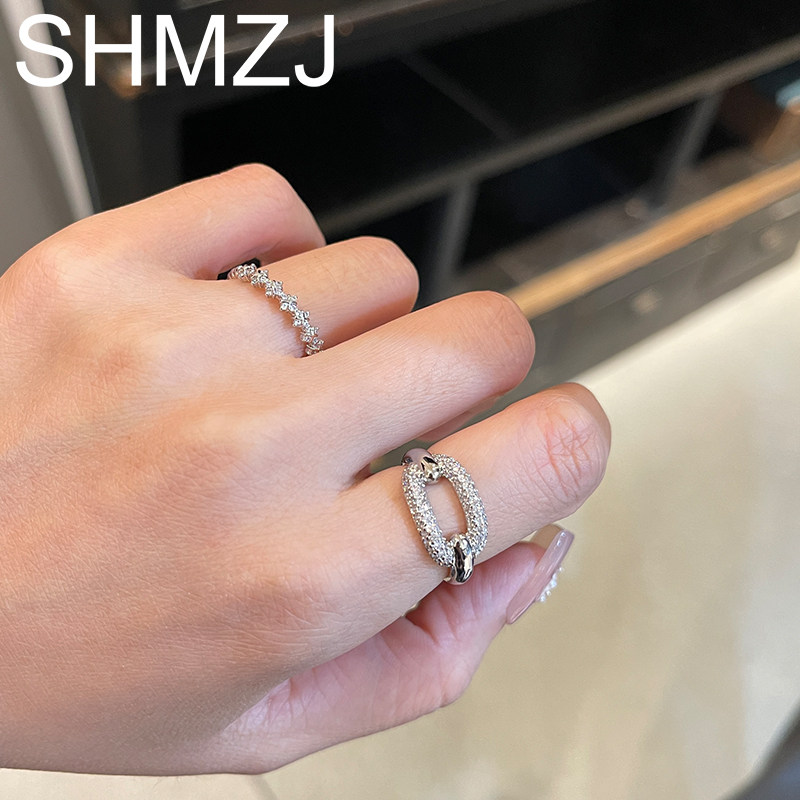 SHMZJ韩国代购新款环扣方形戒指银镶晶钻简约轻奢指环女戒子百搭