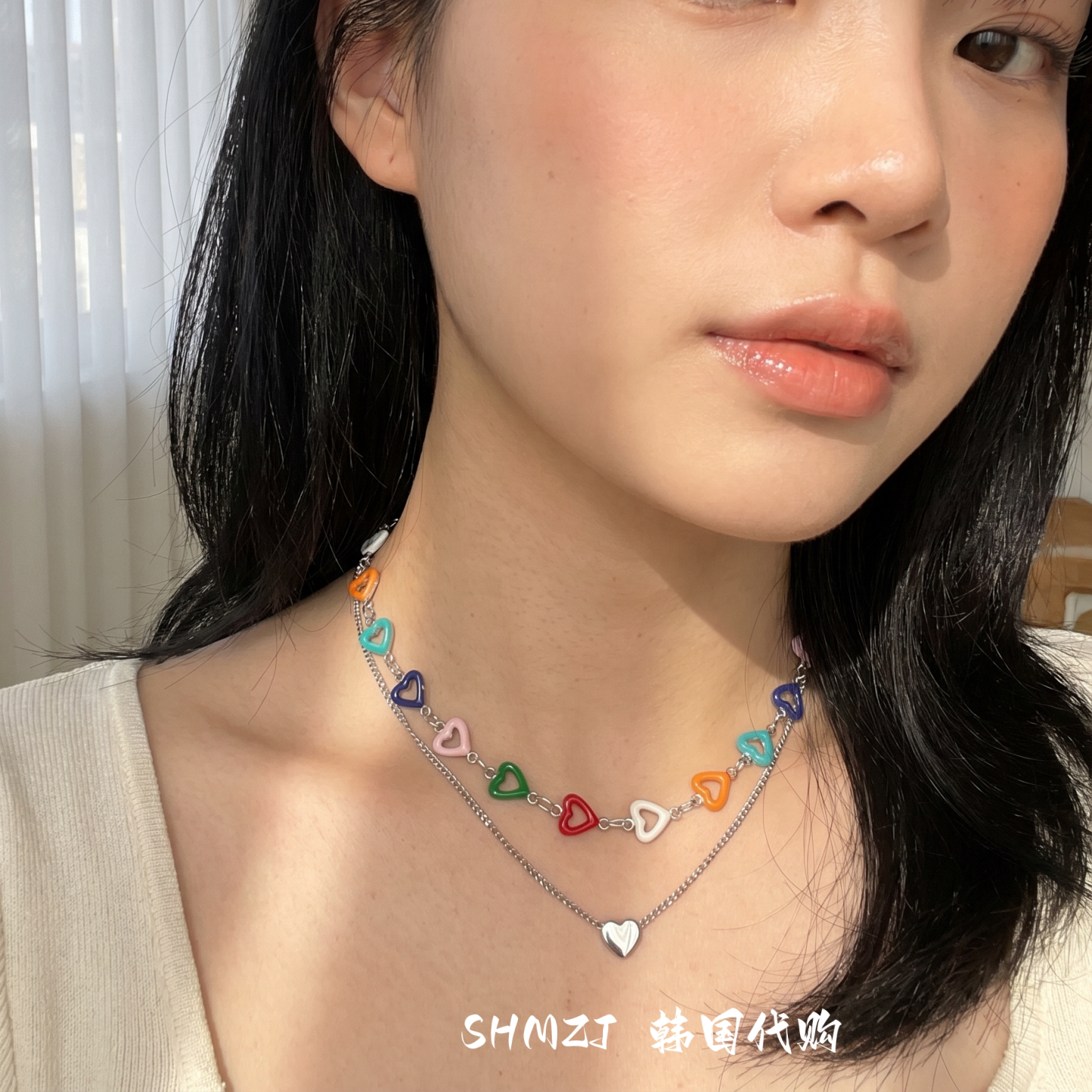 彩色镂空爱心叠戴双层项链
