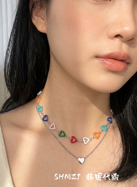 彩色镂空爱心叠戴双层项链