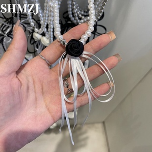 法式飘带蝴蝶结花朵珍珠项链女颈链高级感锁骨链气质配饰韩国新款