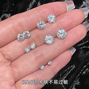 S925纯银养耳洞女睡觉免摘耳骨钉单钻四爪圆珠螺纹光珠耳钉闪钻