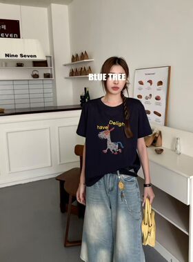 bluetree高品质打底衫女撞色卡通刺绣圆领短袖T恤2026夏季新款潮