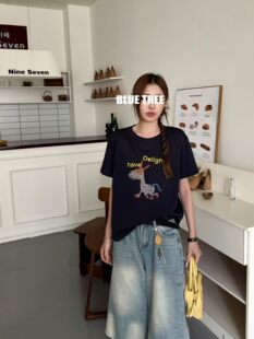 bluetree高品质打底衫女撞色卡通刺绣圆领短袖T恤2026夏季新款潮