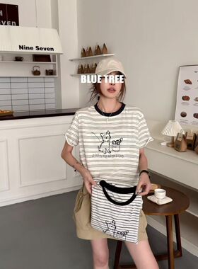 bluetree条纹撞色短袖T恤女2026夏季新款宽松显瘦上衣薄潮高品质
