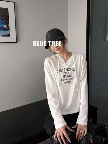Bluetree2026早秋新款连帽长袖T恤女修身显瘦字母印花上衣韩版潮