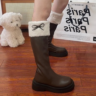 加绒毛毛鞋 小sun家 秋季 2025新款 雪地靴靴子 棕色长筒骑士长靴女鞋