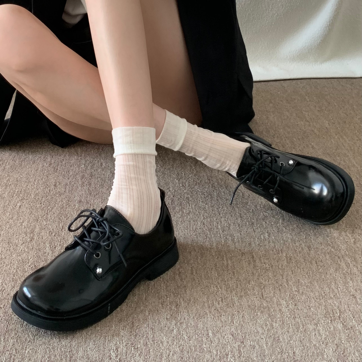 小sun家 粗跟单鞋女平底英伦鞋子女学生百搭森日系jk制服小皮鞋秋