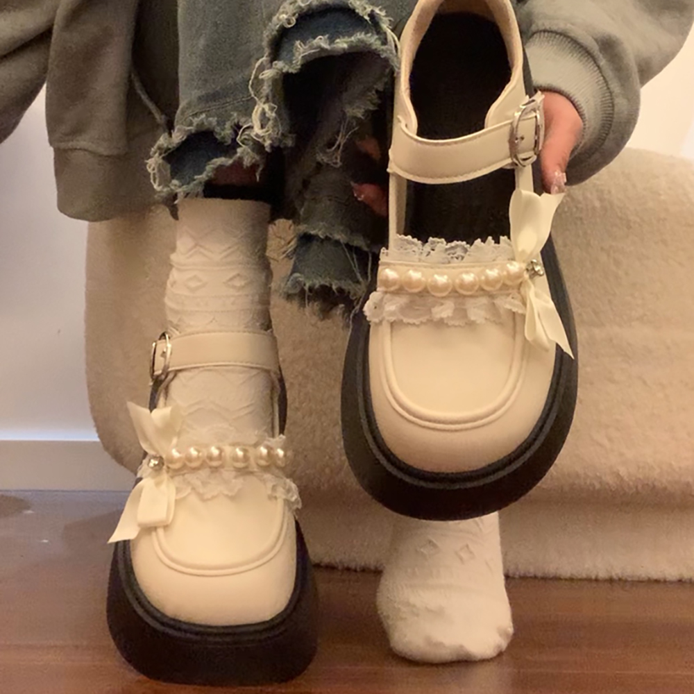 软妹可爱蝴蝶结玛丽珍鞋女2025夏季新款百搭珍珠厚底jk日系小皮鞋