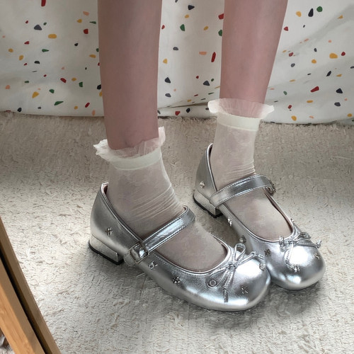 绝美蝴蝶结芭蕾风银色单鞋