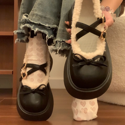 法式蝴蝶结加绒玛丽珍小皮鞋