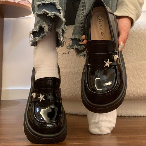 日系学院风星月水钻厚底小皮鞋