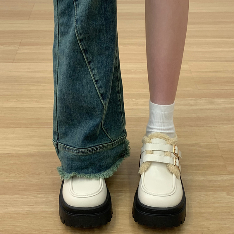 一脚蹬厚底加绒乐福鞋女2025年秋季新款英伦风复古棉鞋圆头小皮鞋