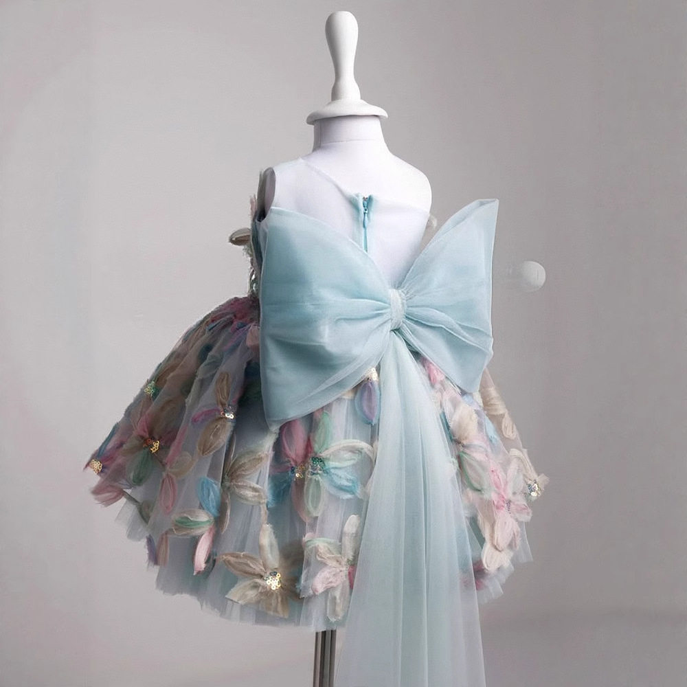 梦幻立体花女童礼服宝宝公主裙儿童主持人演出走秀拖尾蓬蓬纱裙夏
