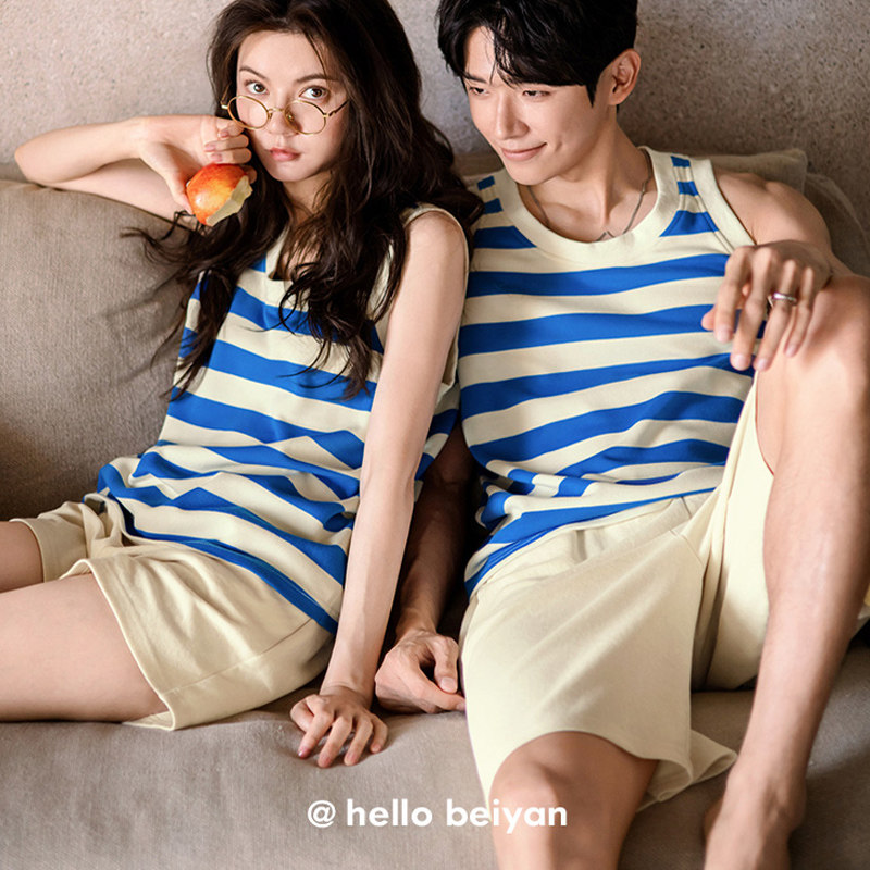 贝妍无袖情侣睡衣女款夏季凉感莫代尔棉家居服男运动背心条纹套装
