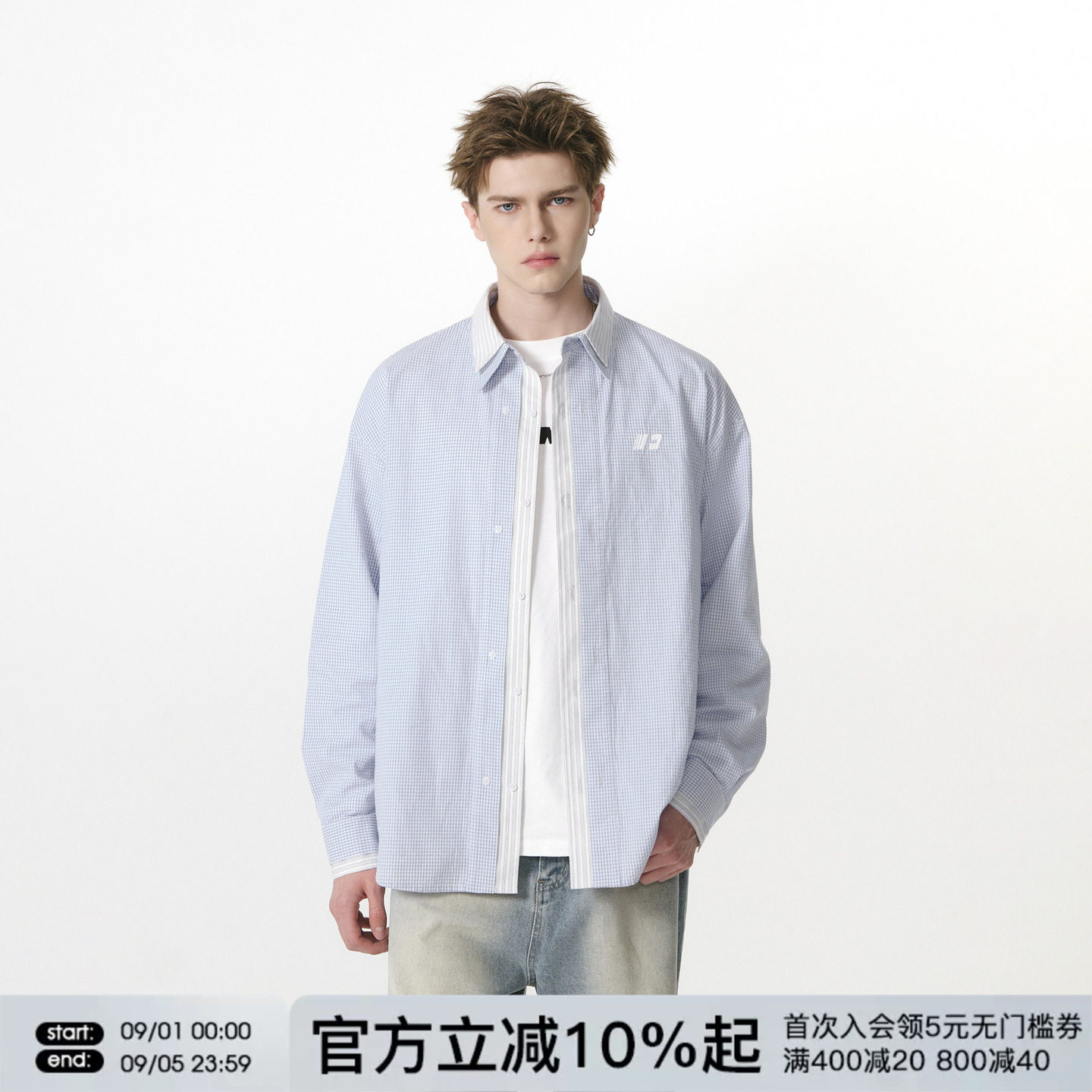 FORNINES设计感假两件蓝色格子长袖衬衫男潮牌春秋衬衣外套女上衣图片