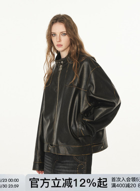 FORNINES复古渐变擦色pu皮外套男女潮牌机车服微短款皮衣春季夹克