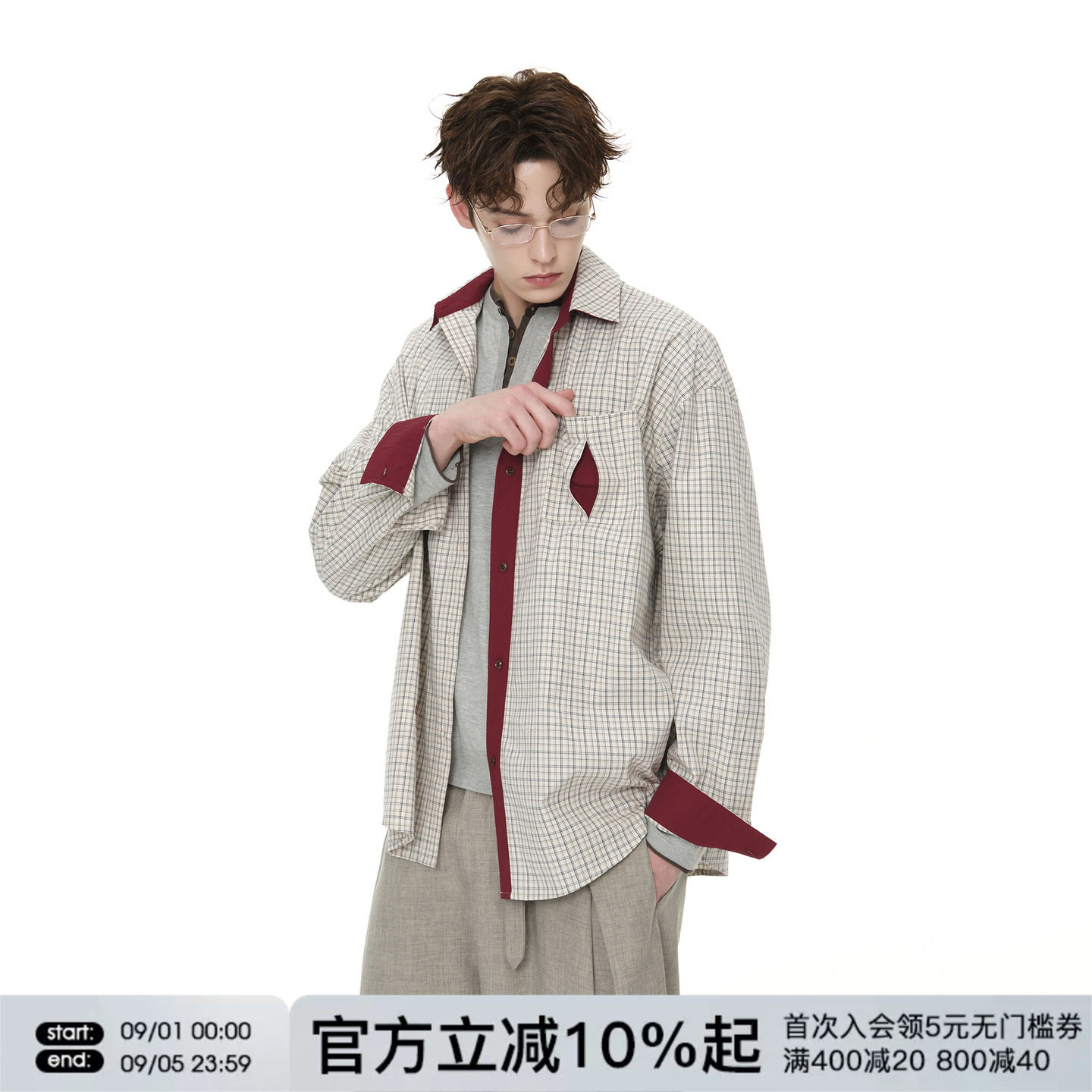 FORNINES撞色拼接格子长袖衬衫男女情侣上衣2026秋季新款衬衣外套图片
